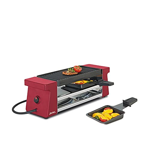 Spring Raclette 2 Personen COMPACT, rot, Tischgrill elektrisch, Antihaftbeschichtete Alu-Grillplatte, 2 Raclette Pfännchen & Spatel, Abstellebene, 34,5×10,5×11,5 cm, 400W, Raclette Grill von Spring