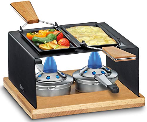 Spring GOURMET PARTY, Käse Raclette 2 Personen, Edelstahl-Wärmeverteilscheibe, Buchenholzplatte, Inkl. 2 beschichtete Raclette Pfännchen, 2 Holz Raclette Schaber, Sicherheits-Pastenbrennern von Küchenprofi