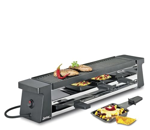 Spring Raclette 4 Personen COMPACT Schwarz, Tischgrill elektrisch, Antihaftbeschichtete Alu-Grillplatte, 4 Raclette Pfännchen & Spatel, Abstellebene, 54,0×10,5×11,5cm, 650W, Raclette Grill von Spring