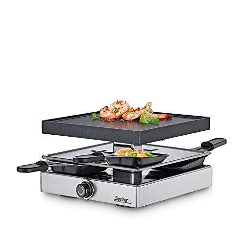 Spring CLASSIC Raclette 4 Personen Silber, Tischgrill elektrisch, Antihaftbeschichtete Alu-Grillplatte, 4 Pfännchen & Raclette Schaber, Abstellebene, 22,5×21,5×13,5cm, Raclette Grill von Spring