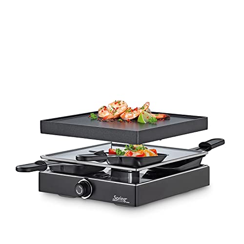 Spring CLASSIC Raclette 4 Personen Schwarz, Tischgrill elektrisch, Antihaftbeschichtete Alu-Grillplatte, 4 Pfännchen & Raclette Schaber, Abstellebene, 22,5×21,5×13,5cm, Raclette Grill von Spring