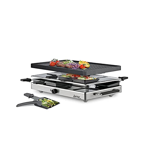 Spring CLASSIC Raclette 8 Personen, Tischgrill elektrisch, Antihaftbeschichtete Alu-Grillplatte, 8 Pfännchen, 8 Raclette Schaber, mit Abstellebene, 48 × 27 × 14,5 cm, 1200W, Raclette Grill von Spring