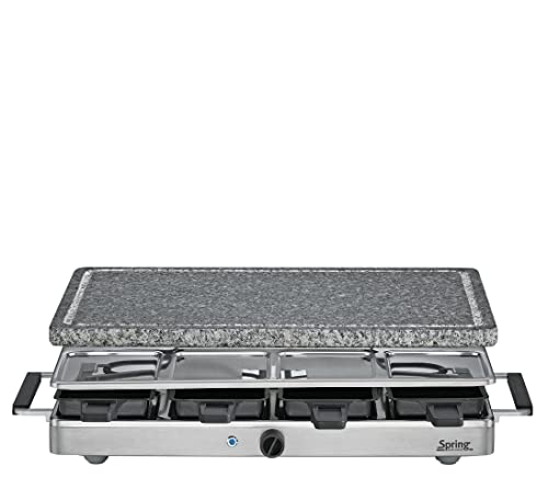 Spring CLASSIC Raclette 8 Personen, Granit-Grillplatte, Heißer Stein mit Saftrille, 8 Raclette Pfännchen, 8 Raclette Schaber, mit Abstellebene, 48 × 27 × 14,5 cm, 1200W, Raclette Grill von Spring