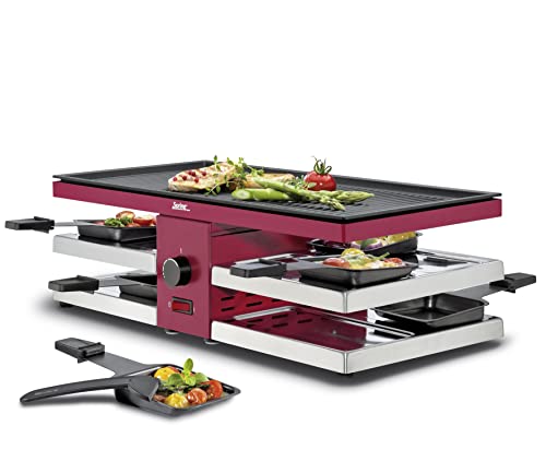 Spring FUN Raclette 8 Personen, rot, Tischgrill elektrisch, Antihaftbeschichtete Alu-Grillplatte, 8 Raclette Pfännchen & Raclette Schaber, Abstellebene, 47×24×15 cm, 1300W, Raclette Grill von Spring