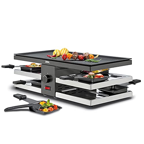 Spring FUN Raclette 8 Personen Schwarz, Tischgrill elektrisch, Antihaftbeschichtete Alu-Grillplatte, 8 Raclette Pfännchen & Raclette Schaber, Abstellebene, 47×24×15 cm, 1300W, Raclette Grill von Spring