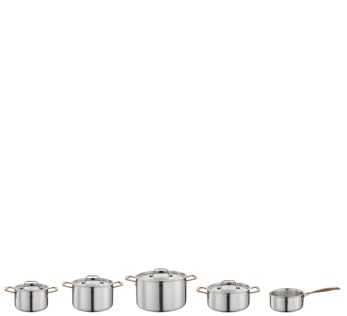 Spring Topf-Set GOURMET, 5-teilig, Mehrschichtige Edelstahl Töpfe mit Deckel, Backofengeeignet, Innenskalierung, Kochtopf Ø 16, 20, 24 cm, Bratentopf Ø 20 cm, Stielkasserolle Ø 16 cm, Roségold von Spring