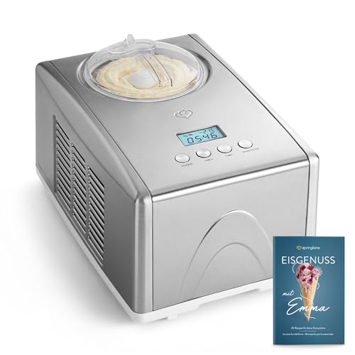 SPRINGLANE Eismaschine Emma 1,5 L mit selbstkühlendem Kompressor 150 W, aus Edelstahl mit entnehmbarem Eisbehälter, inkl. Rezeptheft (Silber, Eismaschine) von Springlane Kitchen