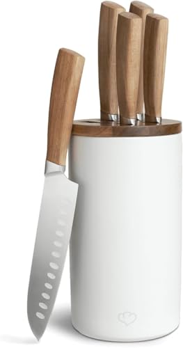 SPRINGLANE Keramik Messerblock 6-tlg. Akazienholzeinsatz, Messer aus deutschem Klingenstahl mit Akazienholzgriffen, Weiß von Springlane Kitchen