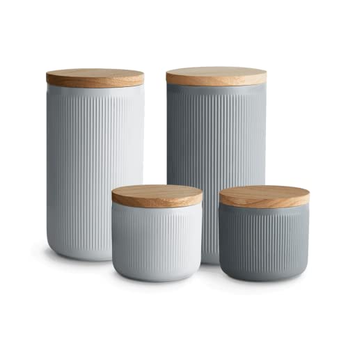 SPRINGLANE Keramik Vorratsdosen 4-tlg. Set mit Holzdeckel Stripes, Kautschukholz-Deckel, Aufbewahrungsdosen, Frischhaltedosen von Springlane Kitchen