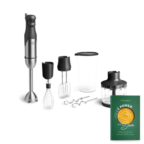 SPRINGLANE Edelstahl Stabmixer Set Sam 800 W, Pürierstab inkl. Pürierstab, Behälter mit Deckel, Zerkleinerer, Schneebesen, Rühr- & Knethaken, Aufbewahrungstasche von Springlane Kitchen