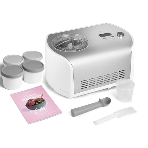 SPRINGLANE Eismaschine Elli 1,2 L mit selbstkühlendem Kompressor 135 W, Eiscrememaschine aus Edelstahl mit entnehmbarem Eisbehälter, inkl. Rezeptheft (Eismaschine+ 4 Eisbehälter Mini 400ml Grau) von Springlane Kitchen