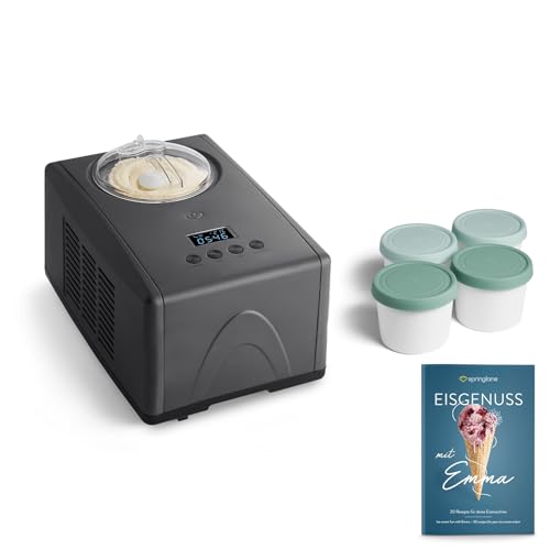 SPRINGLANE Eismaschine Emma 1,5 L mit selbstkühlendem Kompressor 150 W, aus Edelstahl mit entnehmbarem Eisbehälter, inkl. Rezeptheft (Anthrazit, Emma Anthrazit + 4 Eisbehälter Mini 400ml Mint) von Springlane Kitchen