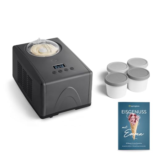 SPRINGLANE Eismaschine Emma 1,5 L mit selbstkühlendem Kompressor 150 W, aus Edelstahl mit entnehmbarem Eisbehälter, inkl. Rezeptheft (Anthrazit, Emma Anthrazit + 4 Eisbehälter Mini 400ml Grau) von Springlane Kitchen