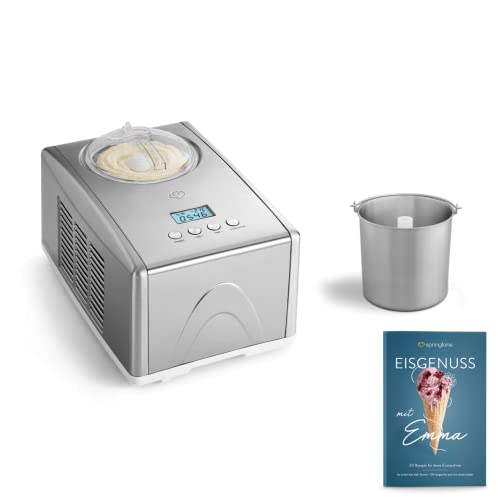 SPRINGLANE Eismaschine Emma 1,5 L mit selbstkühlendem Kompressor 150 W, aus Edelstahl mit entnehmbarem Eisbehälter, inkl. Rezeptheft (Silber, Eismaschine Silber + Zusatzbehälter) von Springlane Kitchen