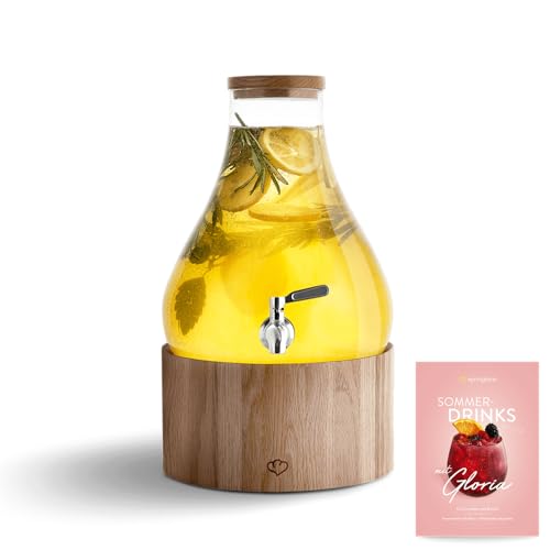 SPRINGLANE Glas Getränkespender 5,5 L Gloria mit Edelstahl-Zapfhahn & Ständer aus Eichenholz, Limonaden-Spender, Vintage Design Mason Jar von Springlane Kitchen