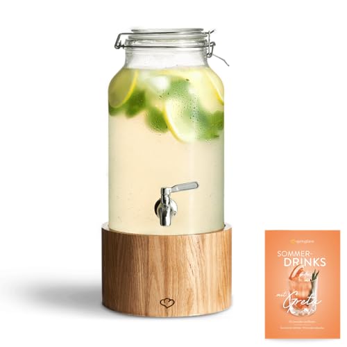 SPRINGLANE Glas Getränkespender 5 L Greta mit Edelstahl-Zapfhahn & Ständer aus Eichenholz, Limonaden-Spender, Vintage Design Mason Jar von Springlane Kitchen