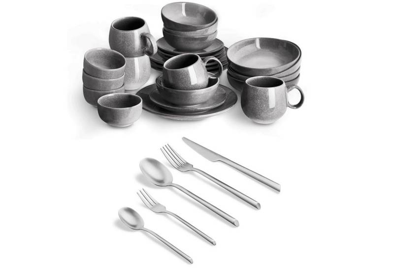 Springlane Geschirr-Set SPRINGLANE Geschirrset Misty Cliff 24-tlg. inkl. Besteck Set 20-tlg. (24-tlg), 4 Personen, Steingut (Geschirr), Edelstahl (Besteck), spülmaschinenfest von Springlane