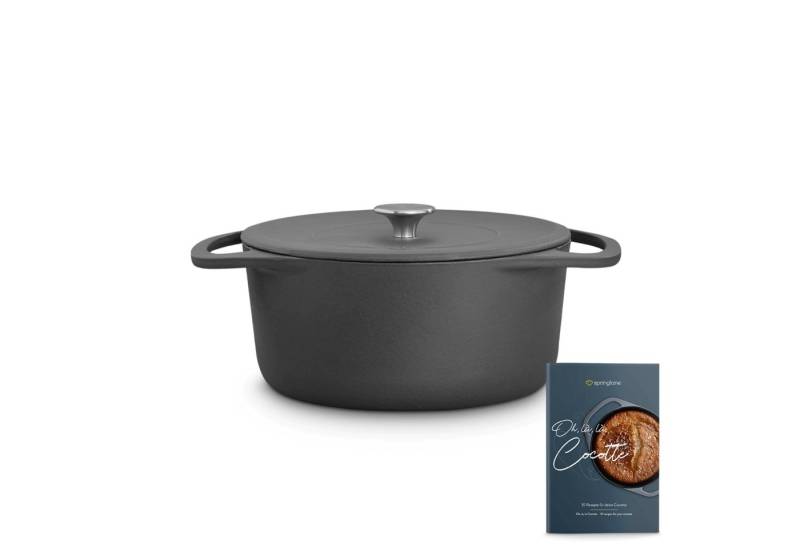 Springlane Bräter Cocotte Grau mit Deckel, Gusseisen, 4 L, Ø 24cm, Rund, Gusseisen emailliert, Edelstahl, Ideale Feuchtigkeitsverteilung durch Tropfenstruktur von Springlane