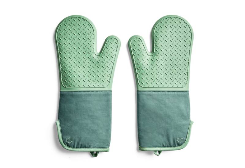 Springlane Topfhandschuhe 2-tlg. in verschiedenen Farben - Silikon & Baumwolle - bis 250°C, (2-tlg., bestehend aus 2 einzelnen Handschuhen), Mint, rutschfest, extra langer Armschutz von Springlane
