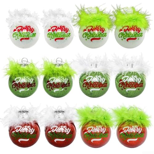12 Stück grüne Weihnachtskugel-Ornament-Set mit runden und flachen Formen mit haariger Textur zum Dekorieren von Weihnachtsbäumen und saisonalen Räumen (Kugel) von Springwillfly