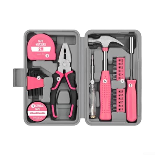 24-teiliges unverzichtbares Werkzeugset für Reparaturen zu Hause, inklusive ergonomischem Drahtschneider und Spannungsprüfer (Rosa) von Springwillfly