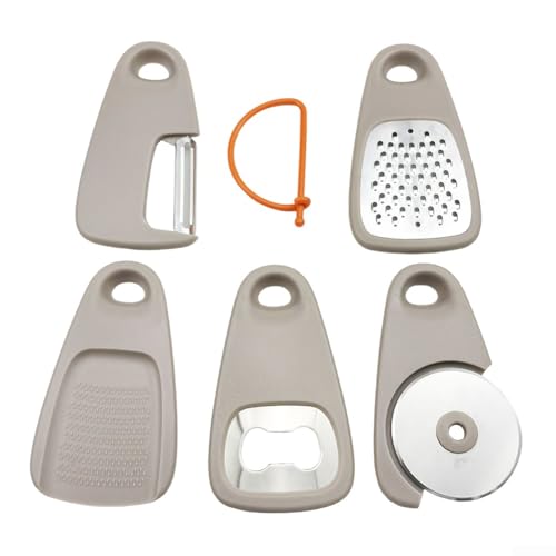 5-teiliges Küchenwerkzeug für Kochbegeisterte Reibe, Schäler, Pizzaschneider, Mühle und Flaschenöffner (Khaki) von Springwillfly