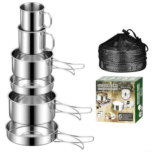 6-teiliges stapelbares Camping-Kochgeschirr-Set aus Edelstahl mit faltbaren Griffen zum Kochen im Freien 6-teiliges stapelbares Camping-Kochgeschirr-Set aus Edelstahl mit faltbaren Griffen zum Kochen im Freien von Springwillfly