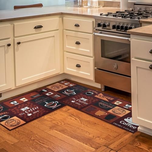 Küchen-Fußmatten-Set mit Kaffee-Motiv, rutschfeste Unterseite für Sicherheit, Polyestergewebe widersteht Flecken und Verblassen, zwei Matten für Spüle und Insel (Kaffee-Druck) von Springwillfly