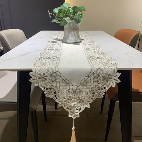 Ovaler Spitzen-Tischläufer mit gesticktem Design für Tischdekoration und Schrankabdeckung (weiß 40 x 120 cm) von Springwillfly