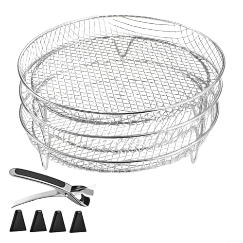 Platzsparende 3-stöckige Regale in Edelstahl-Mesh-Körben für Heißluftfritteusen-Kochen (rund) von Springwillfly
