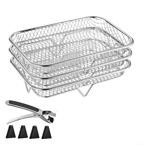 Platzsparende 3-stöckige Regale in Edelstahl-Mesh-Körben zum Kochen der Heißluftfritteuse (rechteckig) von Springwillfly