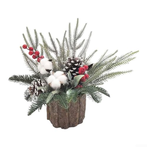 Saisonale Schreibtisch-Dekoration mit lebensechten Blättern und Mini-Weihnachtsbäumen aus Rinde und Holzfässern, für rustikale Verwendung zu Hause und im Büro (C) von Springwillfly