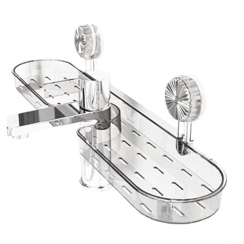 Saugnapf-Badezimmer-Organizer mit Wasserhahn-Ablage für Waschbecken, platzsparende Aufbewahrung für Kosmetika und Toilettenartikel, hergestellt aus feuchtigkeitsbeständigem ABS + PVC (transparentes von Springwillfly