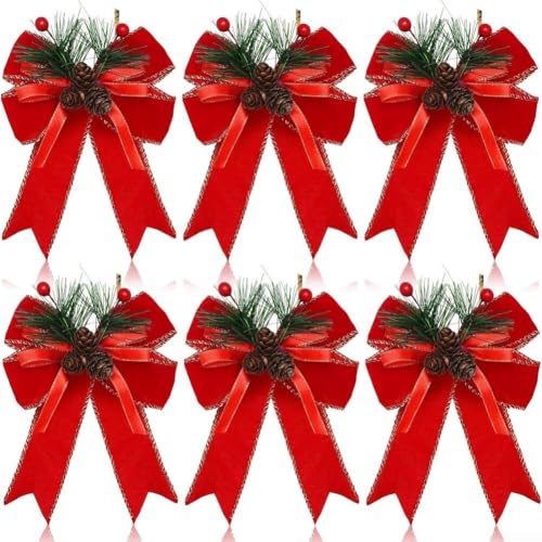 Springwillfly Weihnachtsschleifen mit Tannenzapfen, Tannennadeln, Baumdekoration, Bandornamente für Kranz, Basteln, Party-Dekoration, 13 x 15 cm, 6 Stück (reiner roter Plüsch) von Springwillfly