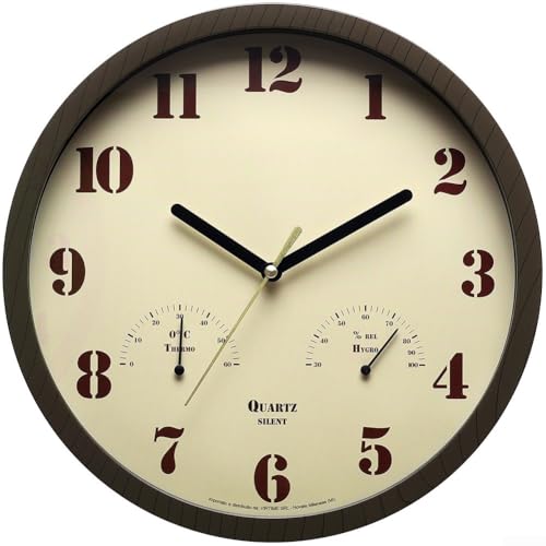 Springwillfly Wetterfeste Outdoor-Uhr mit analogem Thermometer und Hygrometer, leises Quarz, entworfen für Terrasse, Veranda, Küche oder Innenräume (dunkelbraun) von Springwillfly
