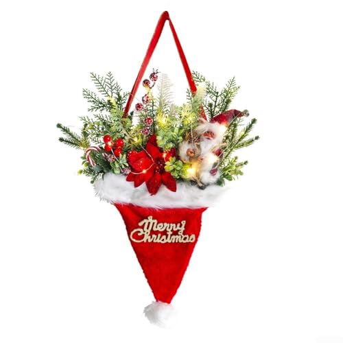 Weihnachtlicher Wandbehang mit LED-beleuchteter Weihnachtsmütze mit Beeren und dekorativem Band für saisonale Heimdekoration von Springwillfly