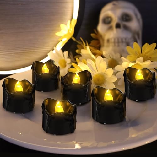 6 Stück LED Teelichter Schwarz, Led Kerzen Flackernde Flamme, Tropfendem Wachs Licht Elektrisch Flammenlose für Weihnachten Halloween Party Dekoration A15-2 von Sprinlot