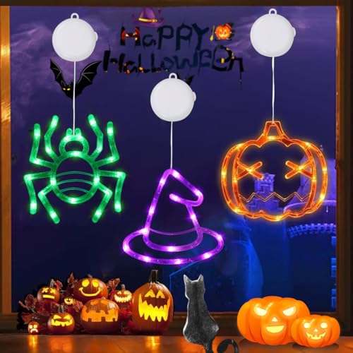 Halloween Deko Fenster 3 Stück LED Halloween Beleuchtung Fensterlichter mit Saugnapf Orange Kürbis Grüne Spinne Lila Hexenhut Lichter Innenbeleuchtung für Halloweendeko Fensterdekoration von Sprinlot