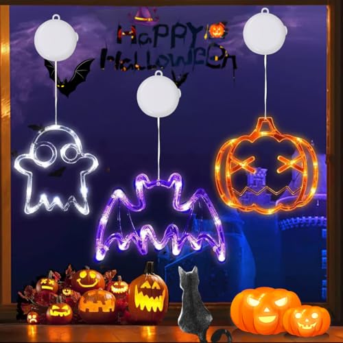 Halloween Deko Fenster 3 Stück LED Halloween Beleuchtung Fensterlichter mit Saugnapf Orange Kürbis Weißes Geist Lila Fledermaus Lichter Lnnenbeleuchtung für Halloweendeko Fensterdekoration von Sprinlot