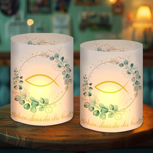 Sprinlot 12 Stück Windlicht Taufe Tischdeko, Teelicht Kommunion, Windlichter Fisch, Lantern Taufdeko für Konfirmation Junge Mädchen Gastgeschenk von Sprinlot