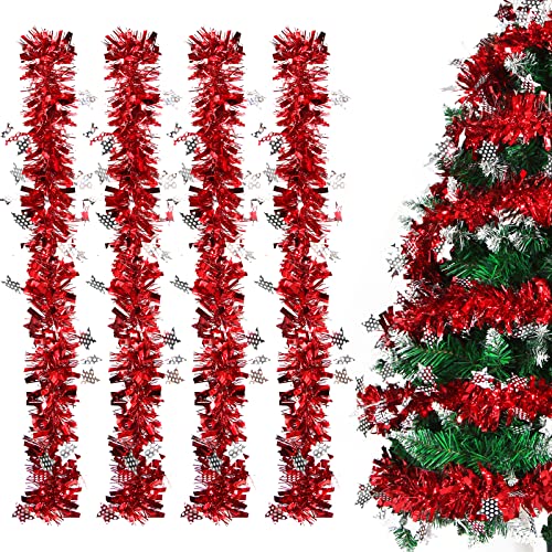 Sprinlot Girlande Weinachten Rot, 4 Stück Lametta Girlande Rot, Weihnachtsgirlanden Glänzend Mit Sternen, Christbaum Girlande, Lametta Weihnachtsbaum Deko von Sprinlot
