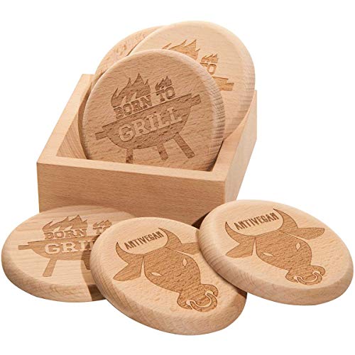 Spruchreif · Bierdeckel Holz · 2in1 Untersetzer und Deckel · 6er Set Glasabdecker inkl. Holz-Ständer · Männergeschenke · Grill Geschenke · Geschenk Papa von Spruchreif