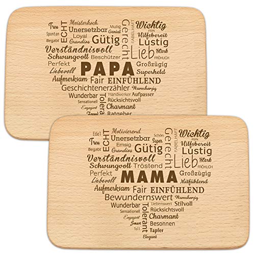 Spruchreif | 2er Set Frühstücksbrettchen mit Gravur Wortherz „Mama“ & „Papa“ | Geschenkidee für Eltern | Perfekt für Mama & Papa zu jedem Anlass von Spruchreif