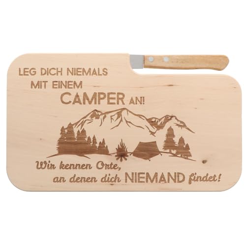 Spruchreif | Holz- Brotzeitbrett mit Messer und Gravur „Leg dich niemals mit einem Camper an“ | Perfekte Geschenkidee für Camper & Outdoor-Fans von Spruchreif