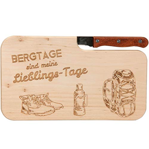 Spruchreif | Holz- Brotzeitbrett mit Messer und Gravur „Bergetage sind meine Lieblingstage“ | Geschenkidee für Wanderer & Outdoor-Fans | Perfekt für Frühstück & Brotzeit unterwegs von Spruchreif