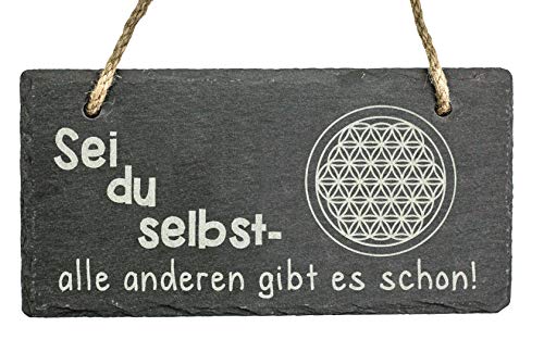 Spruchreif · Schiefer Tafel mit Gravur · Wanddeko · Schieferschild mit Karoband · Türschild aus Schiefer zum Aufhängen · Motiv Blume des Lebens von Spruchreif