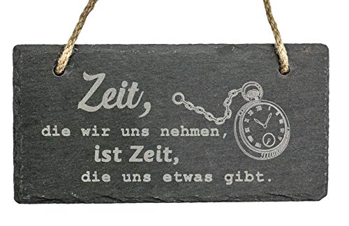 Spruchreif · Schiefer Tafel mit Gravur · Wanddeko · Schieferschild mit Karoband · Türschild aus Schiefer zum Aufhängen · Motiv Uhr von Spruchreif