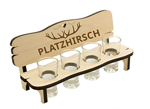 Spruchreif · Schnapsbank mit Gravur · Schnapsbank mit 4 Gläsern · Schnapsbank für Jäger · Schnapslatte mit Gläsern · Jägergeschenke · Schnaps Geschenke von Spruchreif