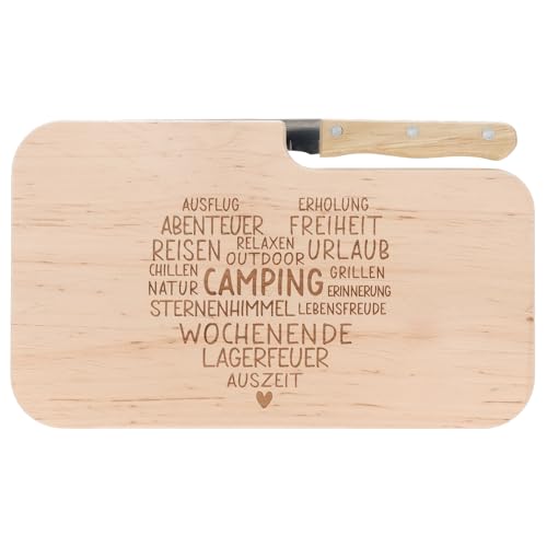 Spruchreif | Brotzeitbrett mit Messer "Wortherz – Camping" – Graviertes Holzbrett mit Camper-Motiv | Geschenkidee für Campingfreunde & Outdoor-Fans von Spruchreif