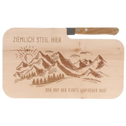 Spruchreif | Brotzeitbrett mit Messer "Ziemlich steil hier..." – Graviertes Holzbrett mit Wander-Motiv | Lustiges Geschenk für Wanderer & Outdoor-Fans von Spruchreif